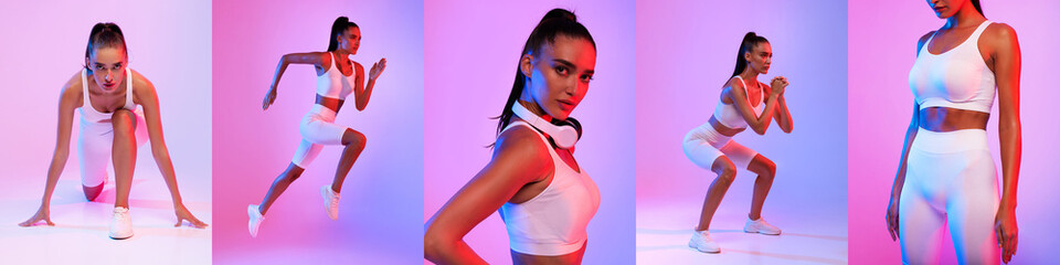 A fitness model engages in various athletic movements, showcasing strength and agility in a...