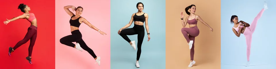 Fotobehang Five women showcase various dance and fitness poses, dressed in colorful activewear against bright backgrounds. Each participant demonstrates energy and movement, emphasizing joy in exercise. © Prostock-studio
