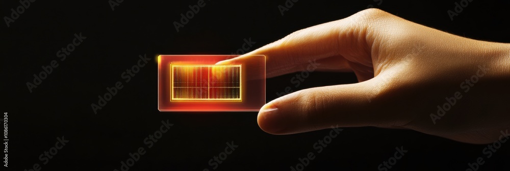 Poster a hand holds a micro biochip that projects holographic health metrics, representing a breakthrough i