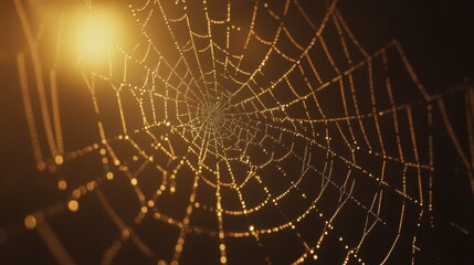 Obraz premium Glimmering Spider Web with Dew Drops at Sunrise