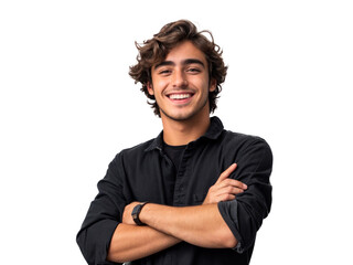 Um jovem com os braços cruzados posando. A pose transmite segurança e profissionalismo, perfeita para projetos que buscam transmitir força e segurança de um jovem