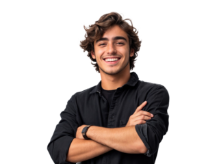 Um jovem com os braços cruzados posando. A pose transmite segurança e profissionalismo, perfeita para projetos que buscam transmitir força e segurança de um jovem