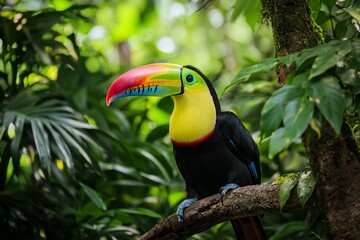 Naklejka premium Colorful Toucan Perched Amid Lush Tropical Foliage