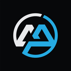 This is an emblem monogram design of an initial letter MP on a round circle shape in flat style in white and blue color on a black background