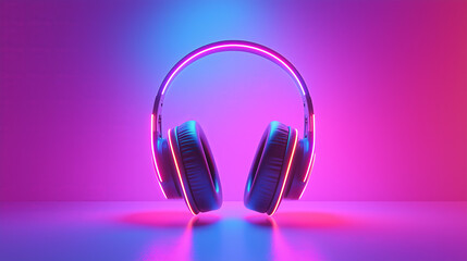 Modern wireless headphones with neon lights and glowing colors on a vibrant gradient background