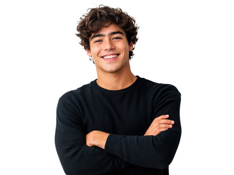 Um jovem com os bra&ccedil;os cruzados posando. A pose transmite seguran&ccedil;a e profissionalismo, perfeita para projetos que buscam transmitir for&ccedil;a e seguran&ccedil;a de um jovem