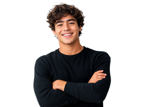 Um jovem com os braços cruzados posando. A pose transmite segurança e profissionalismo, perfeita para projetos que buscam transmitir força e segurança de um jovem