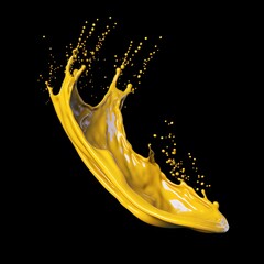 A splash of vibrant yellow paint against a black background, showcasing fluid motion.