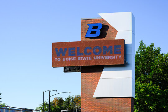 Boise, ID, USA - June 10, 2024; Welcome to Boise State University and logo on electronic signpost