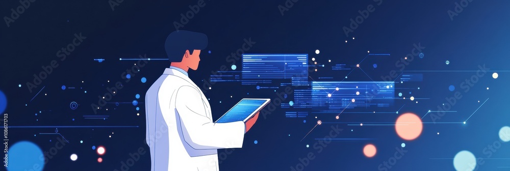 Aufkleber a doctor in a white coat reviews key medical data on a tablet in a modern, abstract digital setting.