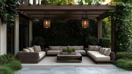 A black metal modern garden canopy with cream fabric, set in the corner of an outdoor terrace with sofas and plants, photorealistic. an elegantly designed outdoor living space