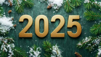 2025 written in gold letters on a turquoise background. New Year's decoration