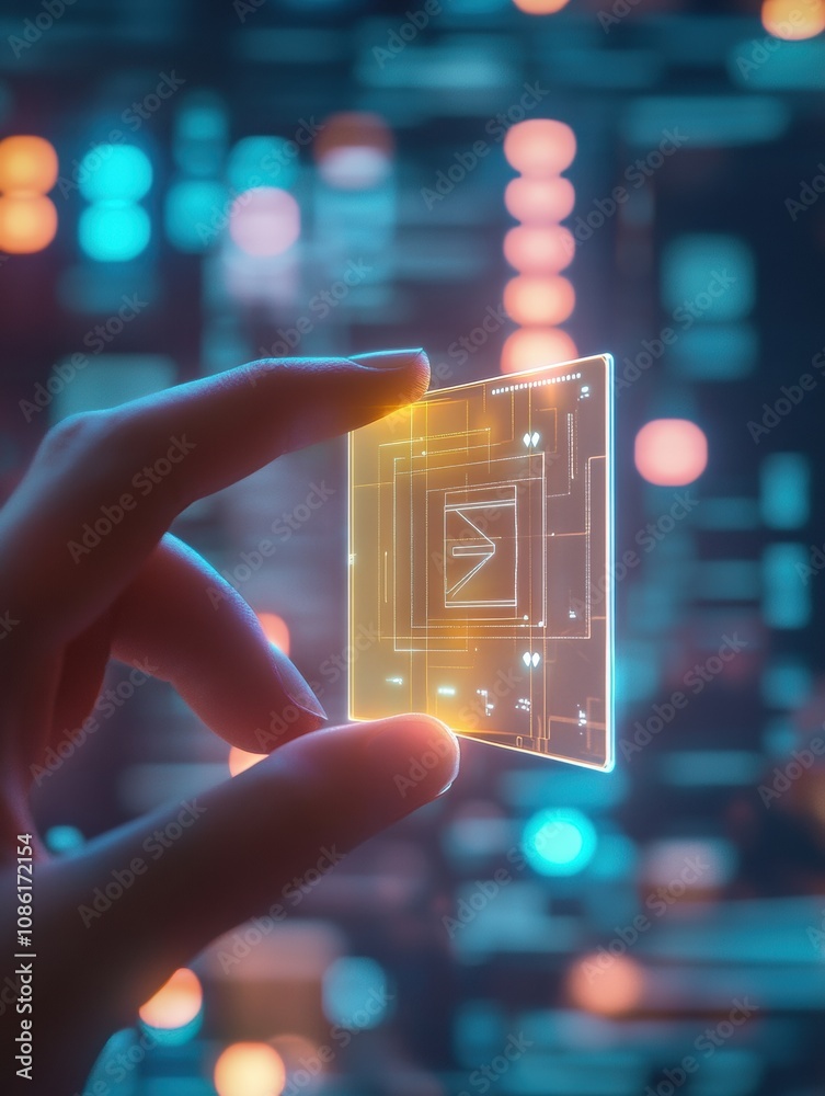 Poster A hand grips a micro biochip showcasing glowing health metrics on a holographic screen in a high-tech setting. Generative AI