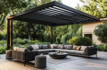 A black metal modern garden canopy with cream fabric, set in the corner of an outdoor terrace with sofas and plants, photorealistic. an elegantly designed outdoor living space