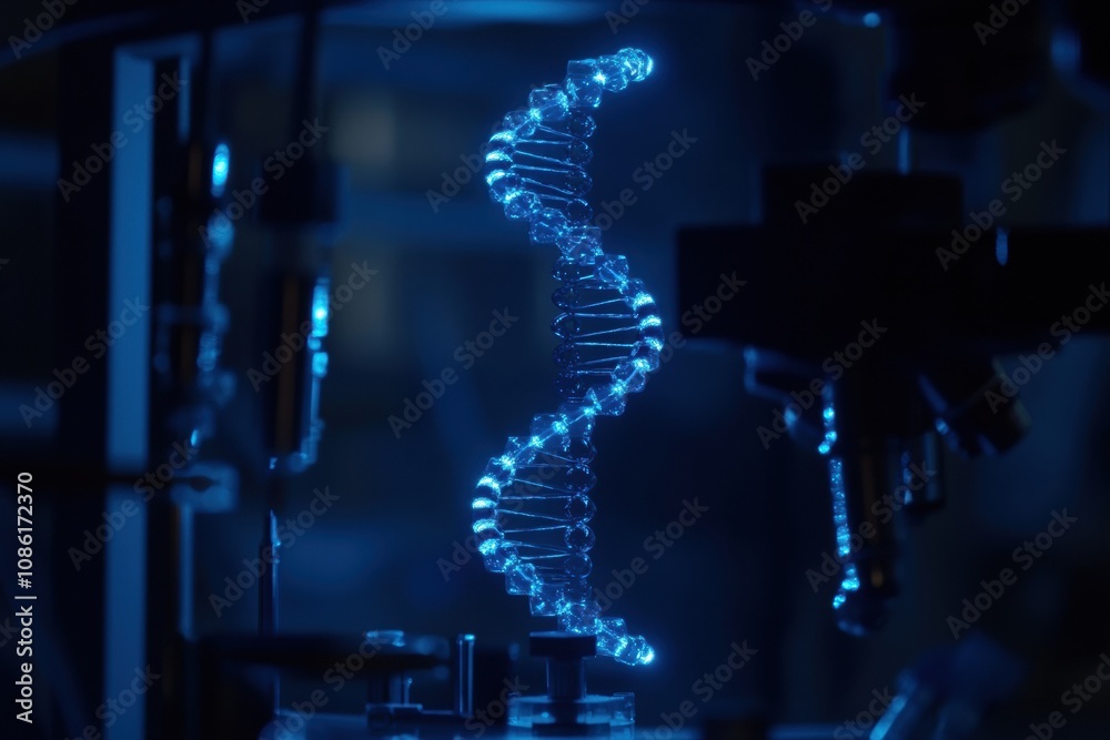 Poster a scientific laboratory showcases the mesmerizing double helix of dna glowing in blue light, highlig