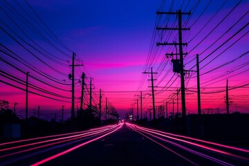 Vibrant Sunset Over a Power Line Highway