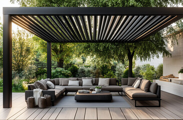 A black metal modern garden canopy with cream fabric, set in the corner of an outdoor terrace with sofas and plants, photorealistic. an elegantly designed outdoor living space