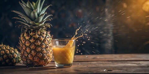 Fresh pineapple juice. Splashes of juice from a glass. Summer refreshing drink