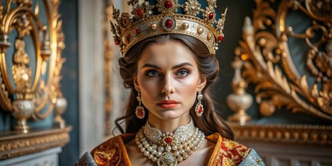 A woman with a crown on her head. Medieval outfit, interesting concept