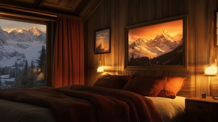 Cozy Rustic Bedroom with Mountain View at Sunset