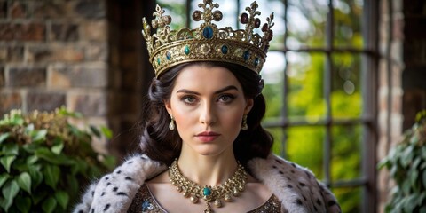Beautiful young woman posing with a crown on her head. Creative banner.