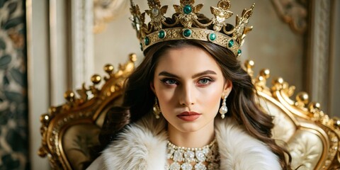 Beautiful young woman posing with a crown on her head. Creative banner.
