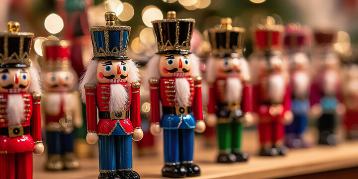 Christmas nutcracker figurines and colorful decorations for holiday season