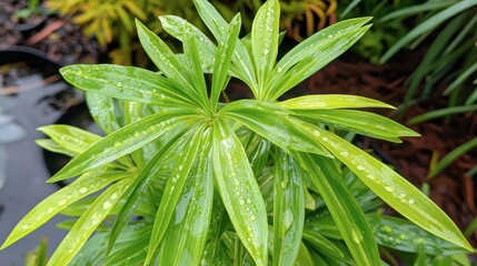 Fresh Green Plant with Water Droplets on Leaves