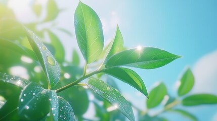 Fresh Green Leaves with Water Droplets and Sunlight