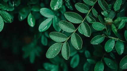 Fototapeta premium Fresh Green Leaves with Raindrops Close-Up