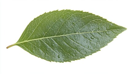 Obraz premium Fresh Green Leaf with Water Drops on White Background