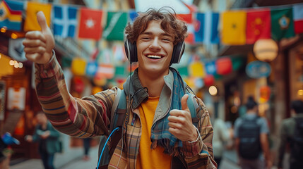 happy young graduate wearing headphones with a backpack, thumbs up, against a backdrop of country flags.