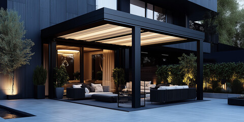 Fototapeta premium A black metal modern garden canopy with cream fabric, set in the corner of an outdoor terrace with sofas and plants, photorealistic. an elegantly designed outdoor living space