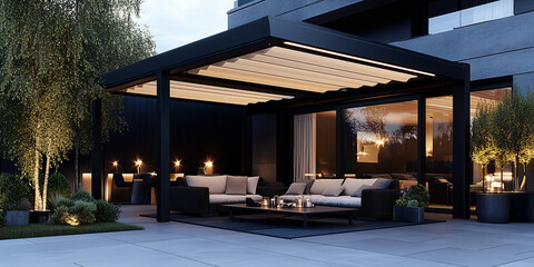 Obraz premium A black metal modern garden canopy with cream fabric, set in the corner of an outdoor terrace with sofas and plants, photorealistic. an elegantly designed outdoor living space