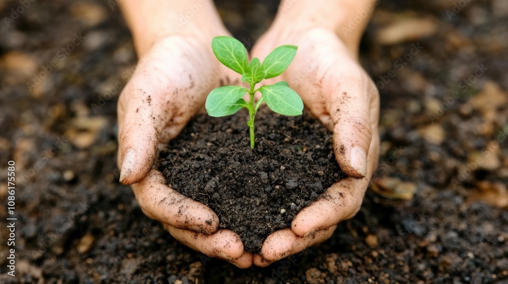 Poster hands carefully hold a small seedling, cradling it in rich soil while enjoying a sunny moment in spr