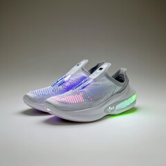 Futuristic smart running shoes showcased on a clean white background. Athletic gear with our sleek, futuristic smart running shoes for enhanced performance.