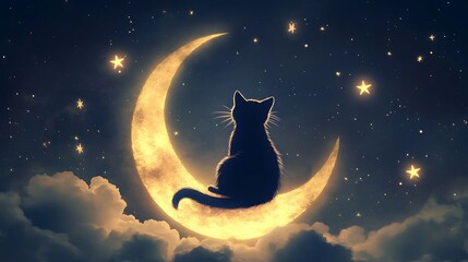 a black cat ıs sıttıng on a crescent moon ın a starry nıght sky