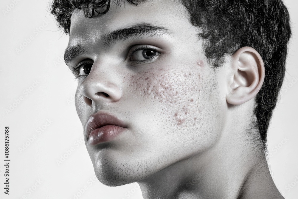 Poster a close-up of a young person with visible acne on their face, showing various types of blemishes in 
