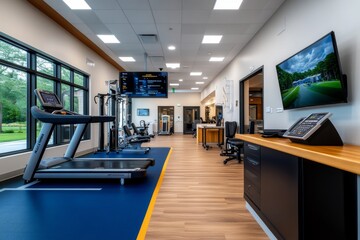 A bright, luxurious therapy room with high-end medical equipment, soft lighting, and warm colors. Caregivers assist residents with physical therapy exercises, creating a welcoming space that