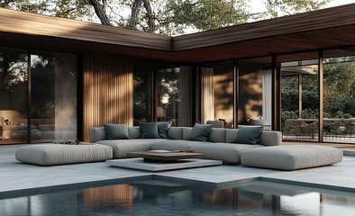 A black metal modern garden canopy with cream fabric, set in the corner of an outdoor terrace with sofas and plants, photorealistic. an elegantly designed outdoor living space