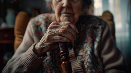 Elderly woman's hands close-up. An elderly woman with wrinkled hands holding a crutch.