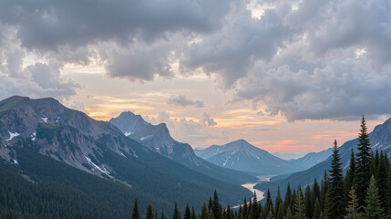 Majestic mountain landscape with dramatic sunset sky