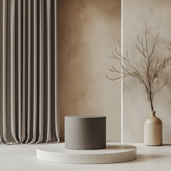 Cylinder Product Display Podium. Beige Minimalist Studio Background