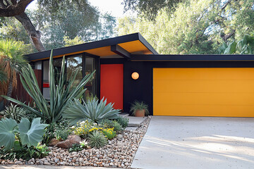 Updated garage door in bright color enhances modern home exterior with landscaping