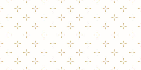 Golden vector seamless pattern with small shiny star shapes, crosses, floral silhouettes, snowflakes. Simple minimalist geometric background. Abstract minimal gold and white texture. Luxury design