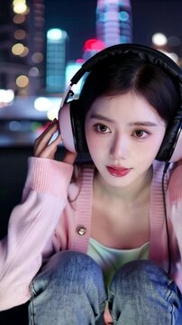 Young Japanese woman enjoying music with headphones in a vibrant cityscape at night, blending modern technology and urban nightlife vibes