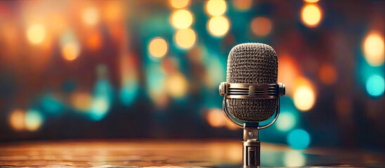 Stylish old retro microphone on colored background with bokeh. Concept bannner karaoke and stund up comedy