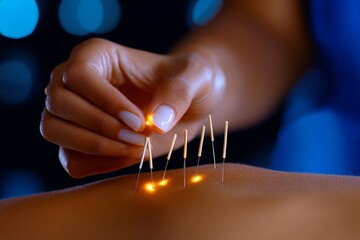 Acupuncturist using moxa sticks alongside acupuncture needles in a cozy and therapeutic environment