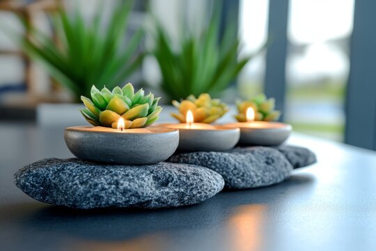 Acupuncture table with candles and soft lighting, creating a calming and therapeutic environment
