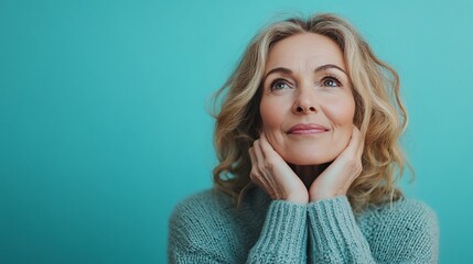 Hopeful mature woman looking up, hands on face, against teal background.